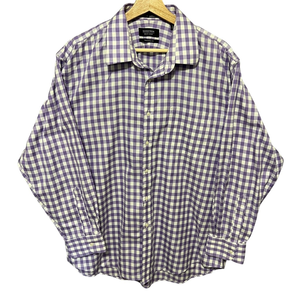 Nordstrom Men's Purple Gingham Check Long Sleeve Button Down Dress Shirt 17 33